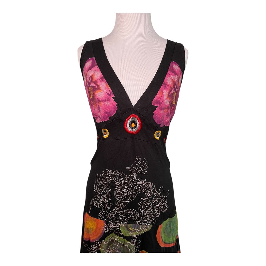 Desigual Black and Pink Floral Sleeveless V-Neck Midi Dress