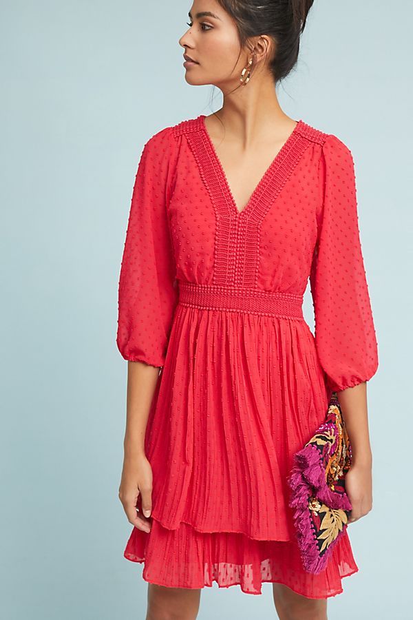 anthropologie red dress Anthropologie Red Pleated Tiered Sundress with Bishop Sleeves